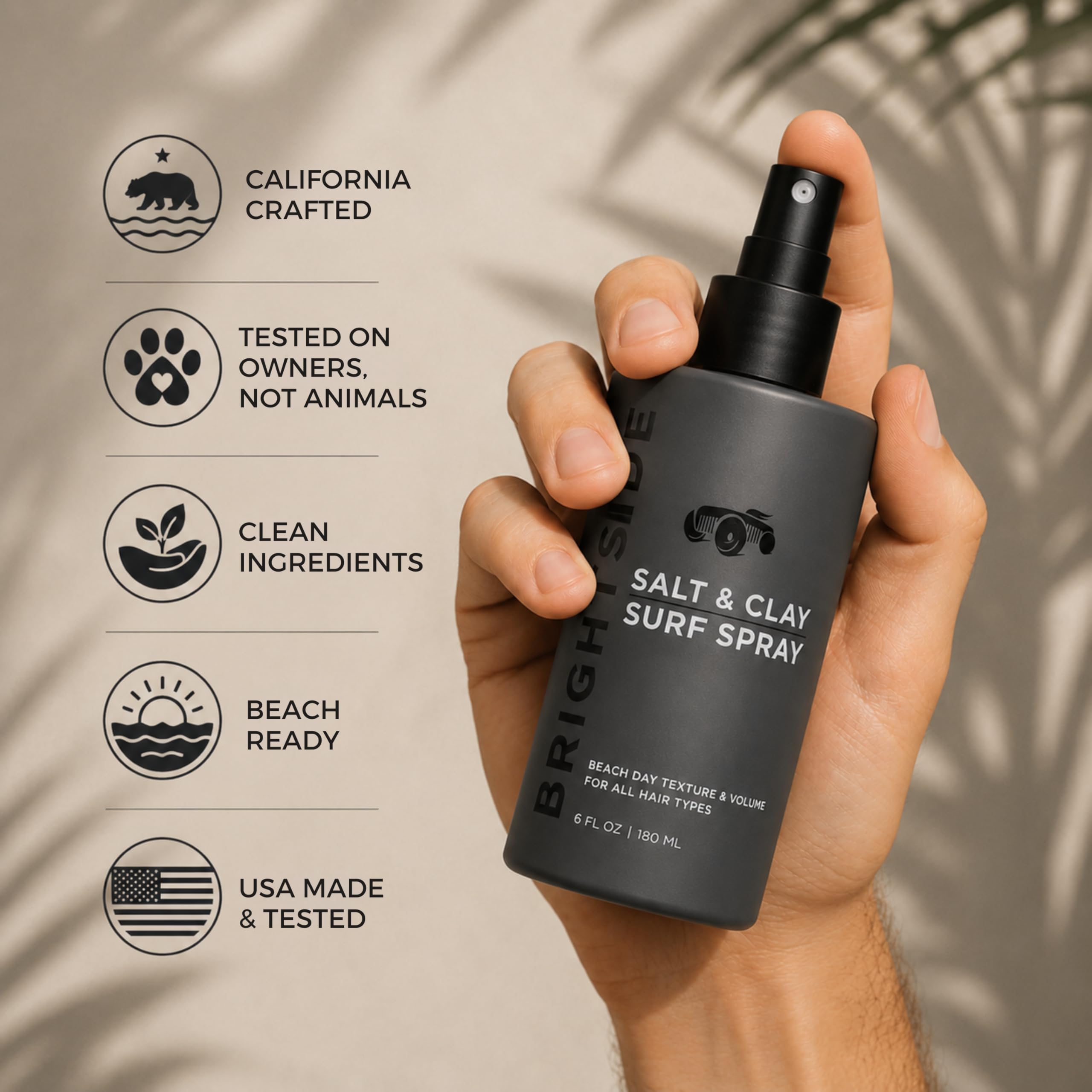 BRIGHTSIDE Salt & Clay Surf Spray Texturier i spray zwiększający objętość, sól i glina, krzemionka oczaru wirginijskiego i zielonej herbaty, do wszystkich rodzajów włosów, 180 ml