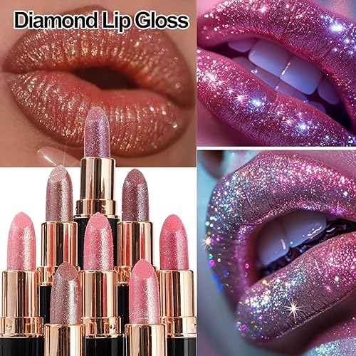 Saturatione Diamond Lip Gloss Glitter Lipstick Waterproof, Diamond Lip Gloss Glitter Lipstick Waterproof, diamond glitter lipstick, 2025 New diamond lip gloss, Shiny Matte,Non-Sticky (#05)(#03+#05)
