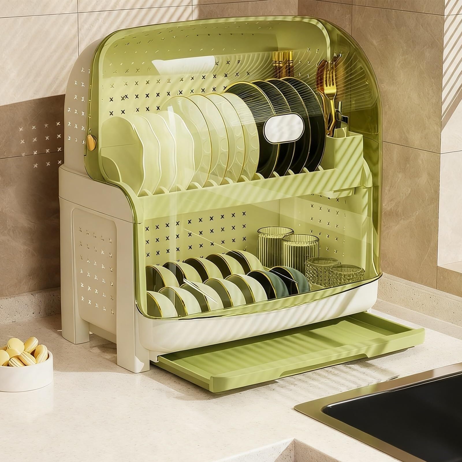 HONKERW drying rack Dish Drying Rack with Dust Cover and Removable Drainer Board,2 Tier Plastic Dish Rack,Tableware Tray Cutlery drainer(Gr�n)