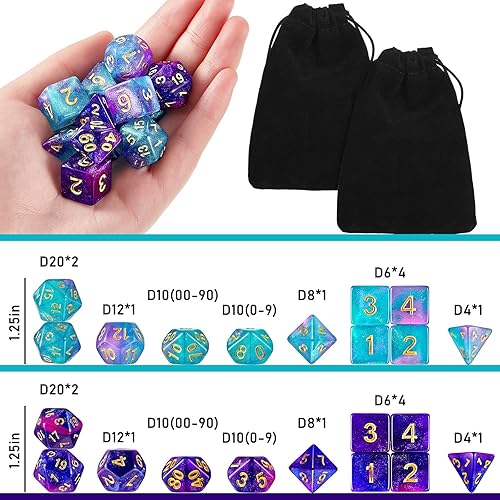 Miniatura 2 de Juego de 2 dados poliédricos de 11 dados multicara, tacto suave con bolsa de cordón, compatible con dados de juego de mesa DND RPG MTG, 22 piezas