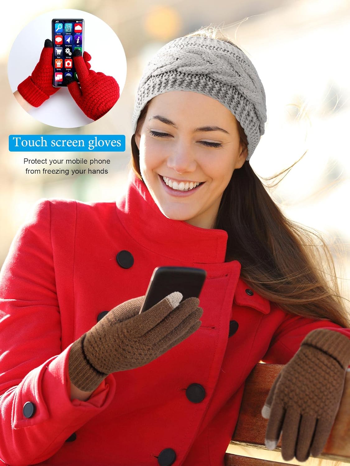 Janmercy 8 Pack Women Winter Headbands and Gloves Sets Fuzzy Fleece Lined Ear Warmer Touch Screen Elastic Knit Gloves Women - Image 6