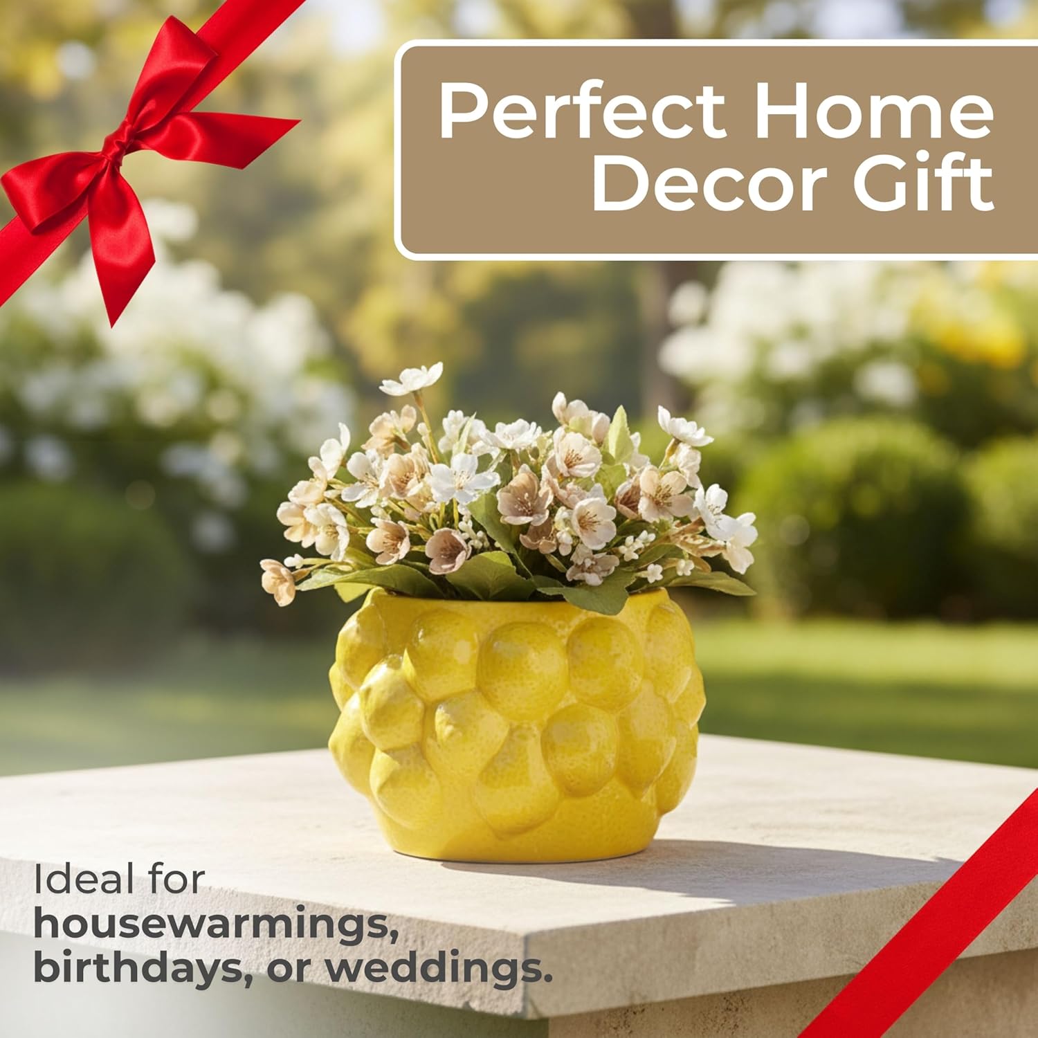 Decorative Planter Pot with Lemon Pattern– Ceramic Stoneware Outdoor and Indoor Plant Pot – Modern Garden and Home Decor Ceramic Planters – Stylish Pots for Plants with Drainage - 7", Yellow
