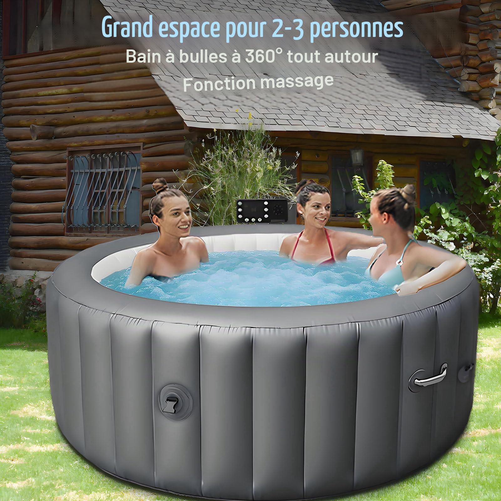 Spa Gonflable, Spa d‘Extérieur pour 2 à 6 Personnes, Bain à Remous Portable avec 180 Jets de Bulles Apaisants, Couverture et 2 Filtres Inclus, pour Piscine Spa d‘Intérieur et d‘Extérieur S