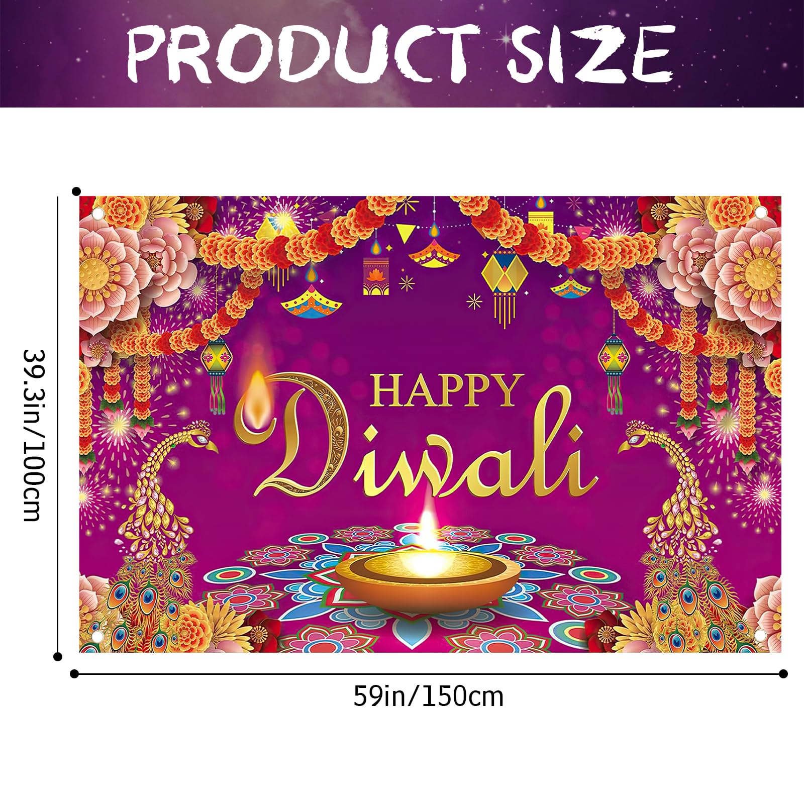 Happy Diwali Backdrop Banner Decorations, Indian Festival of Lights Party Supplies - Image 2