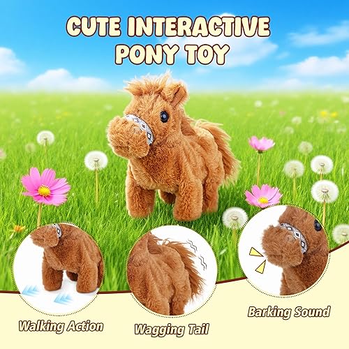 Miniatura 3 de Juguete de poni para caminar, juguete de peluche de caballo interactivo con sonido y cola que se sacude, 17.8 cm de lindos juguetes para tiempo de