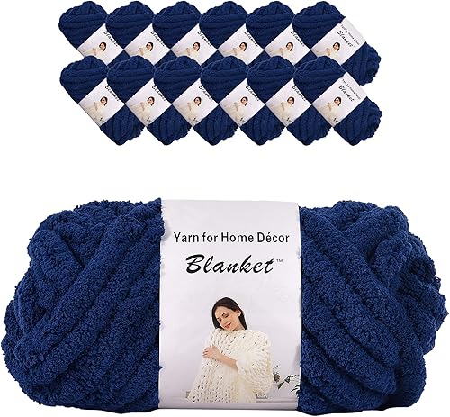 Hilo de chenilla de punto grueso súper suave, gigante, para manta de punto, sombrero de tela, decoración del hogar, color azul marino, 0.55 libras