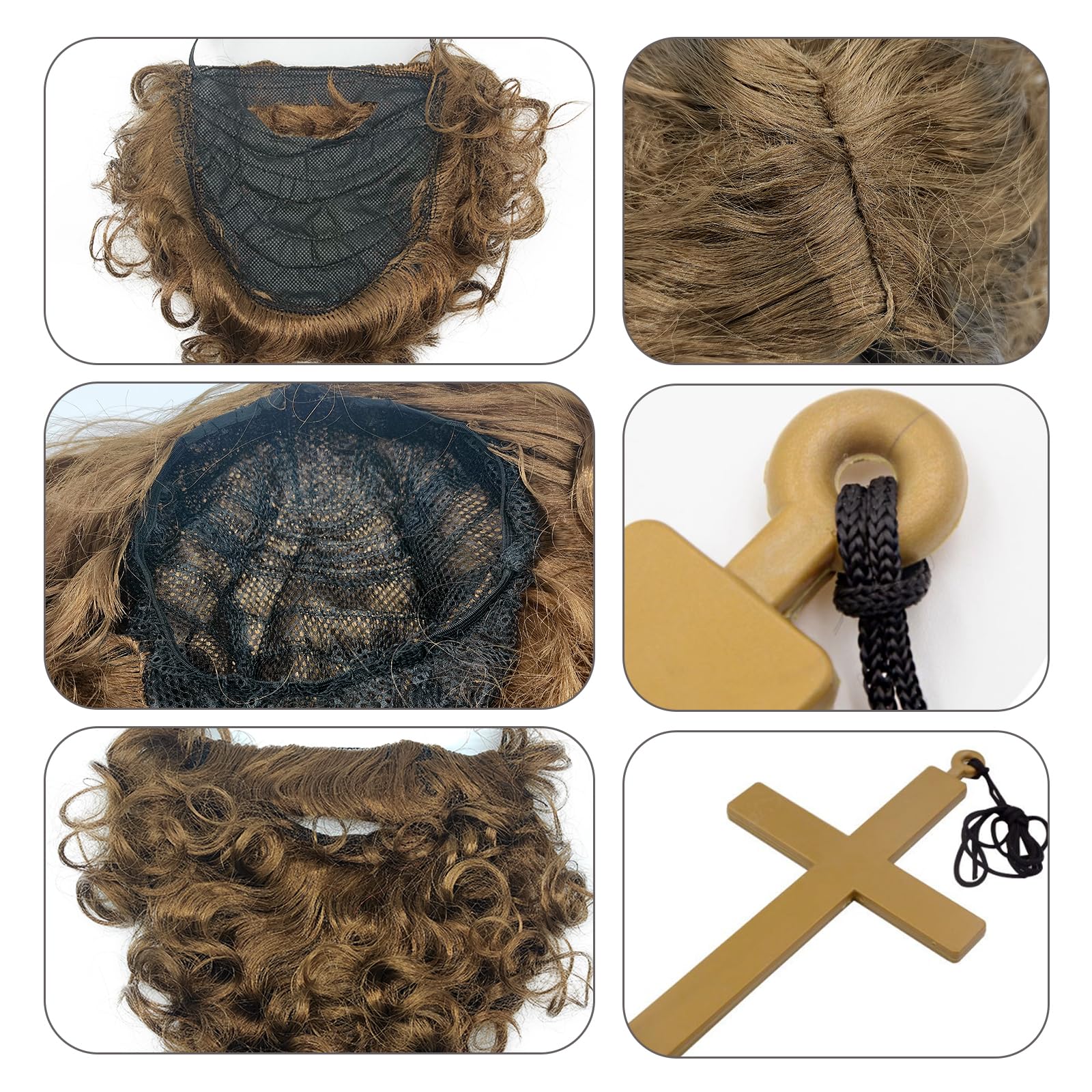 EUPSIIU Mens Wigs Brown Long Curly Wig Moustache and Crossing Necklace Adult Cosplay Halloween Costume Brown Wig Beard Fancy Dress Costume Curly Fake Wizard Christmas Cosplay Party - Image 2