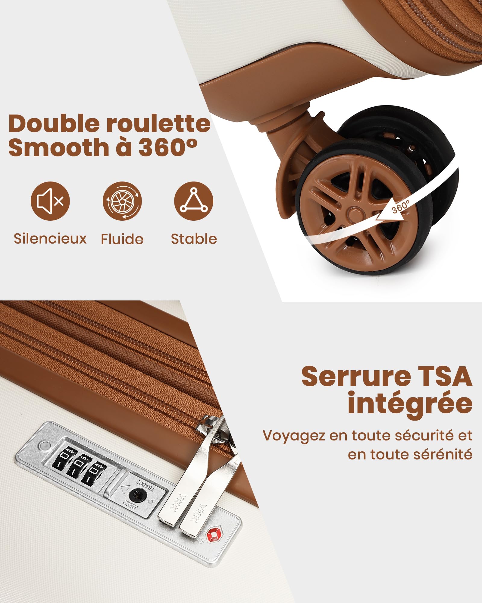 Kono Set de 3 Valises d'une Valise Grande Taille 75cm Extensible à Roues Silencieuses et Serrure TSA, Un Sac de Voyage à Poche Imperméable et Sangle pour Valise, et Une Trousse de Toilette (Crème)