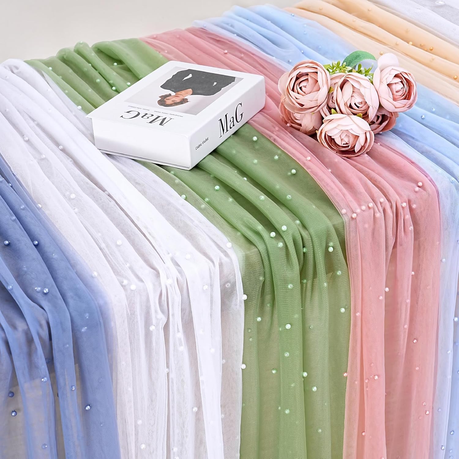 Tulle Table Runner Wedding Decorations: 10ft Veil Dusty Blue Dessert Table Fabric 12pcs Chiffon Pearl Lace Boho Glitter Table Overlay Desk Runners Diamonds Party Decorations Doilies