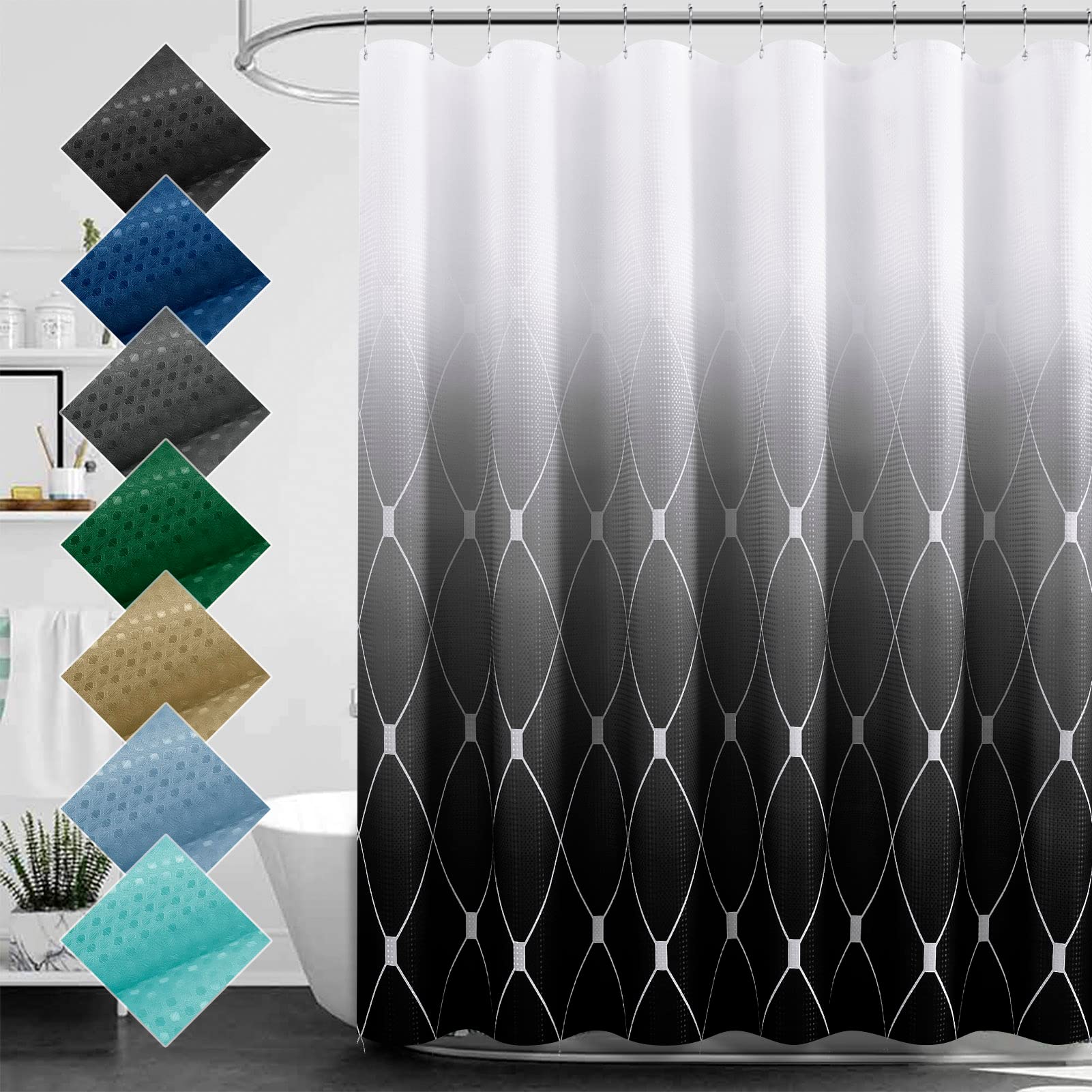 SPWIY Long Black Shower Curtain, Ombre Geometric Design and Polyester Fabric Shower Curtains for Bathroom, Waffle Textured Heavy Duty Cloth Bath