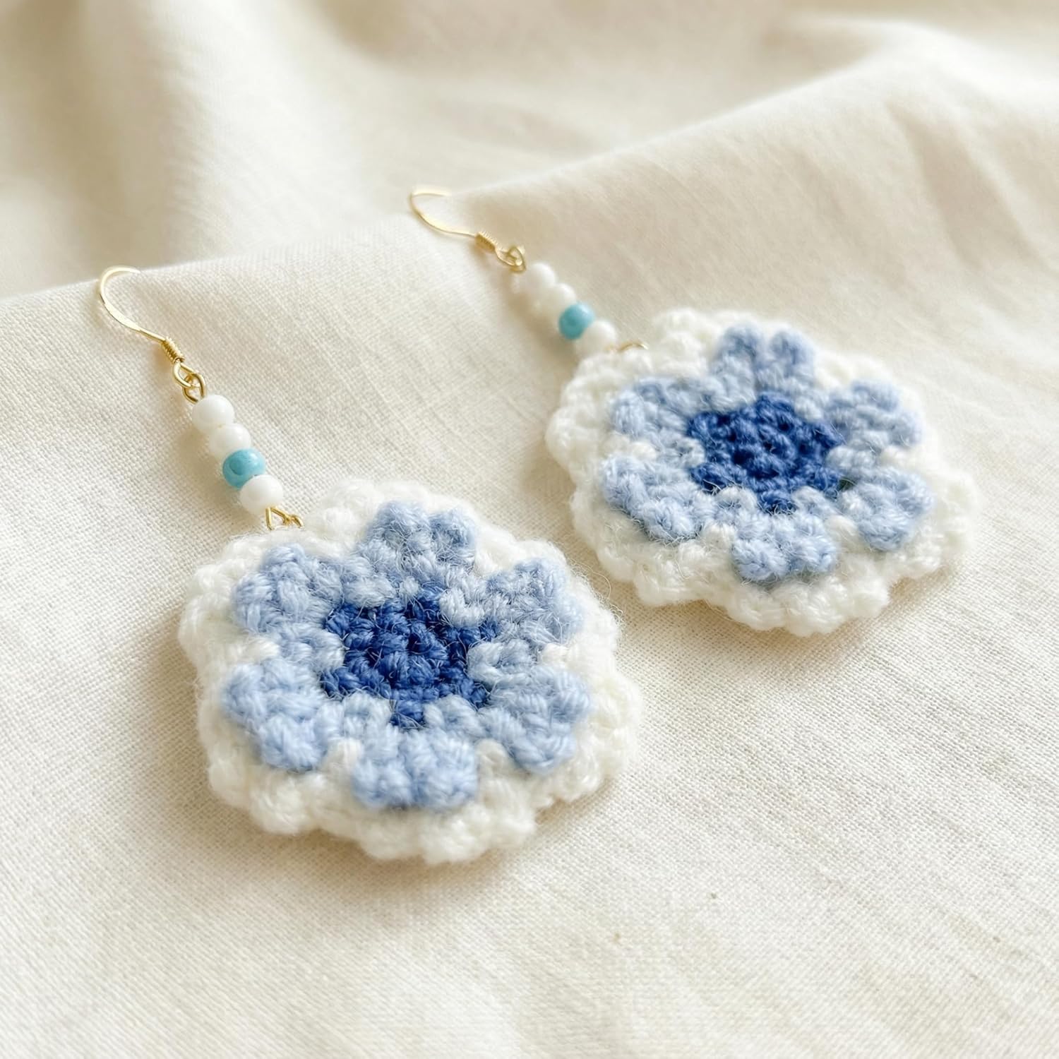 Azure Bloom Crochet Flower Earrings – Handmade Blue & White Floral Dangles, Lightweight Statement Earrings with 18K Gold-Plated Sterling Silver Hooks, Soft Winter Crochet Aesthetic, Gift for Women – KnitAra Handmade Magic - Image 2