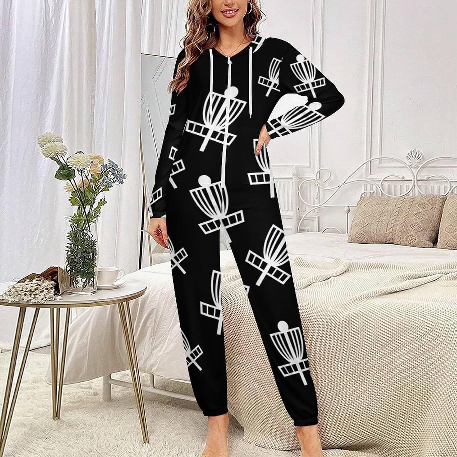 Disc Golf Adult Pajamas Onesie with Hood Pocket Jumpsuits One Piece Sleepwear