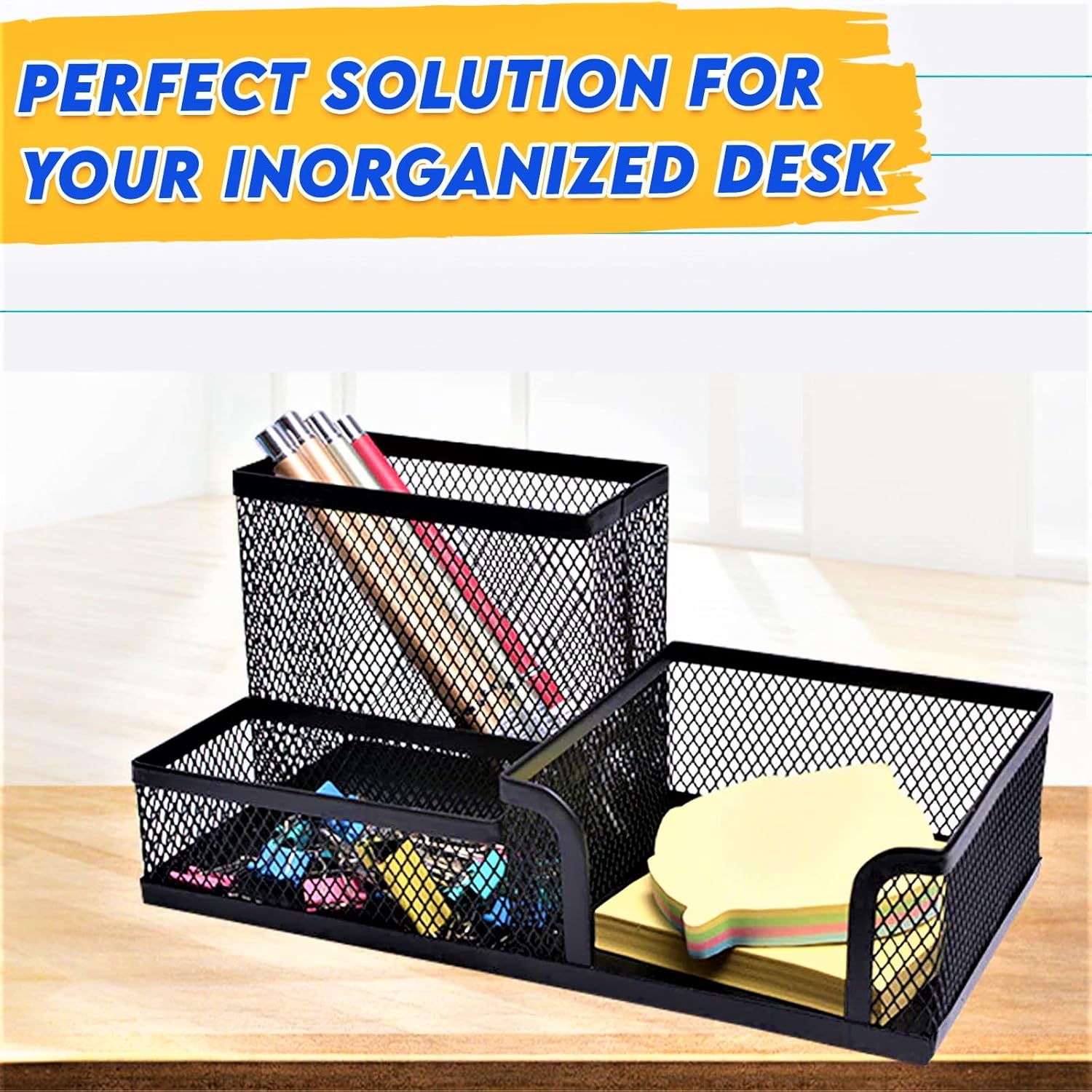 2 Pack 3 in 1 Mesh Pen Holder for Desk, 3 Compartments Pencil Holder Desk Organizer Caddy with Sticky Notes Holder Easy Storage Suitable for Home, Office and School : Everything Else