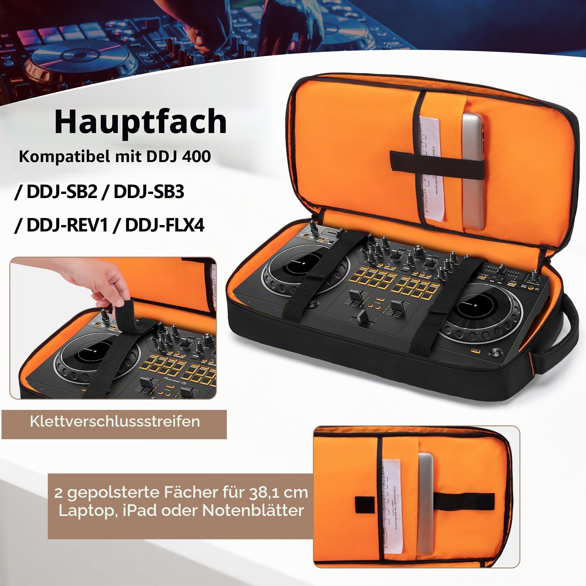 Rexmica Gepolsterter DJ Controller Rucksack, Kompatibel mit DDJ 400/DDJ-SB2/DDJ-SB3/DDJ-REV1/DDJ-FLX4, Aufbewahrungstasche mit Laptopfach für DJ Controller, DJ-Equipment, DJ-Mixer und Kabel
