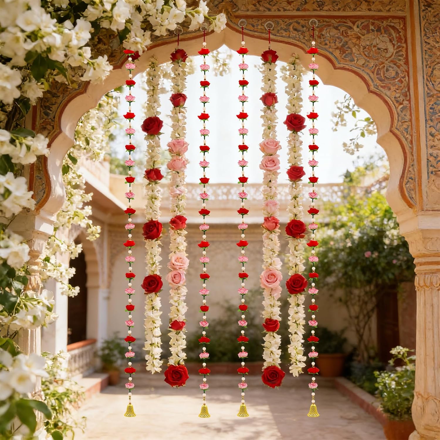 Indian Rose Wedding Garland Decoration - 4 Pack 4.6ft Reusable Fabric Flower Garland Hindu Garland for Hindu Wedding Mandap DecorTemple Mandir Diwali Pooja Party Wall Door Hanging Decor
