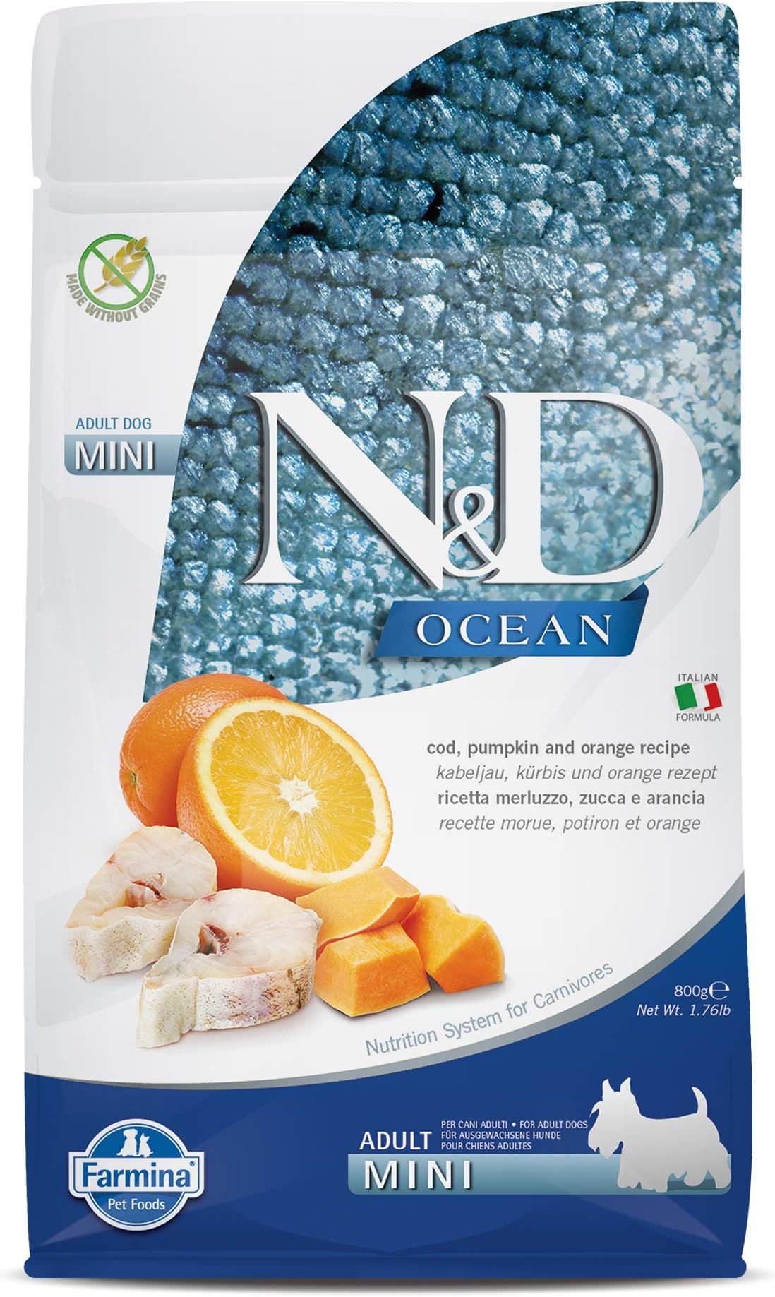 Farmina N&D Ocean Adult Mini Dog Food | Codfish & Orange | Supports Overall Health | Complete Food for Adult Dogs | 0.8kg | No Artificial Preservatives