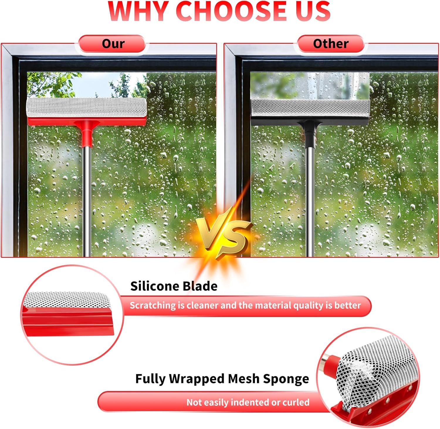 Window Squeee.- Retractable Handle, 2-in-1 Squeee for Window Cleaning