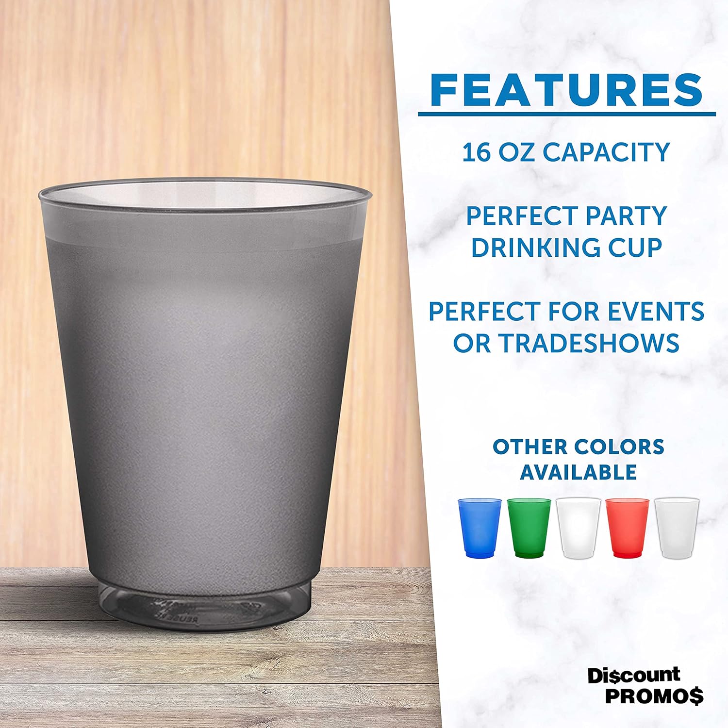 DISCOUNT PROMOS Frosted Plastic Stadium Cups, 10 pack, 16 oz. Shatterproof Flexible Reusable Party Cups - Smoke