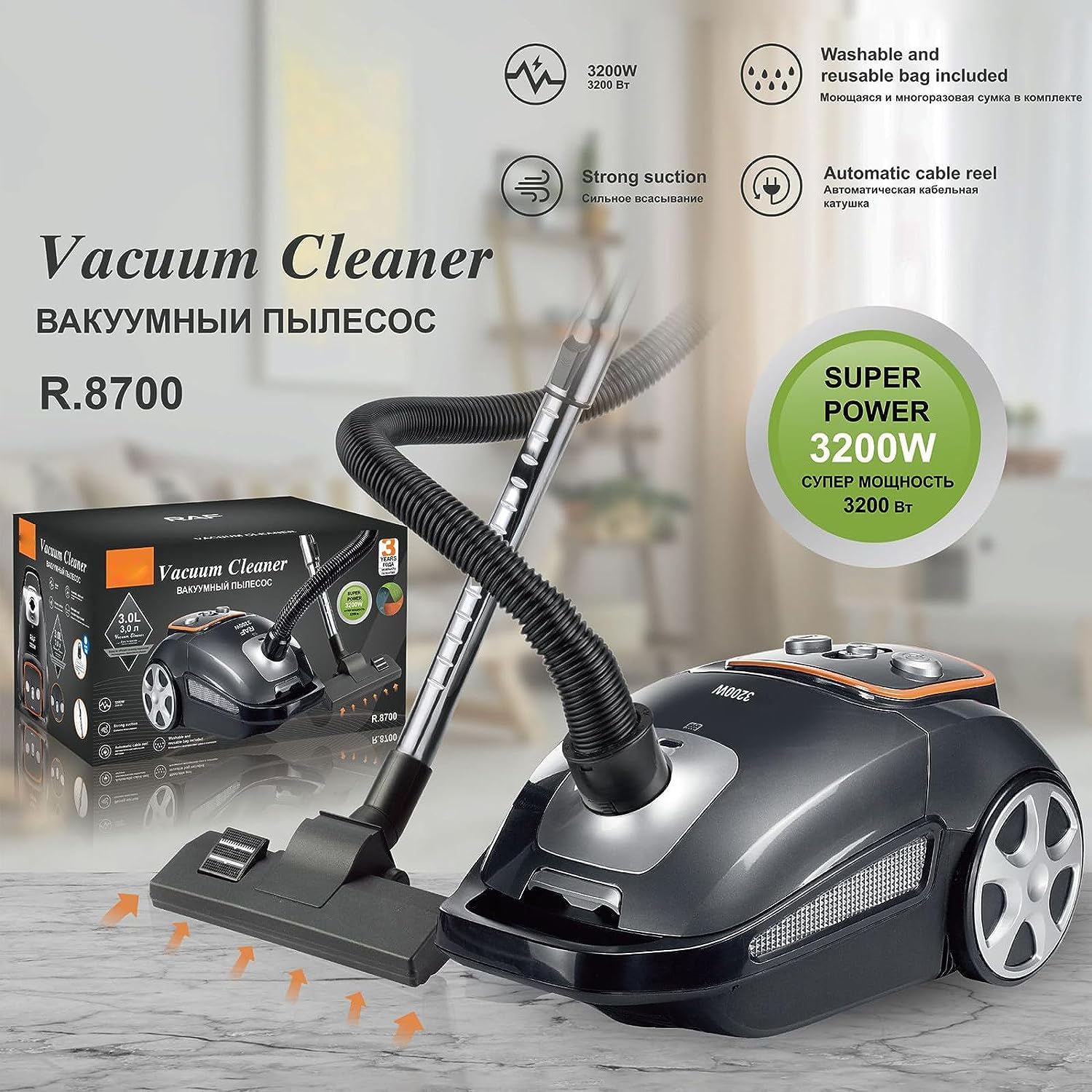 Generic Aspirateur vertical très efficace 3200 W avec cordon de 8 m – Aspiration puissante, faible bruit, capacité de 3 L – Idéal pour la maison, la chambre à coucher et le salon
