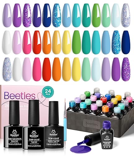 Beetles Unicorn - Kit de 23 esmaltes de uñas de gel semipermanentes en tonos pastel amarillo rosado azul morado verde con capa base y superior Beetles Unicorn - Kit de 23 esmaltes de uñas de gel semipermanentes en tonos pastel amarillo rosado azul morado verde con capa base y superior