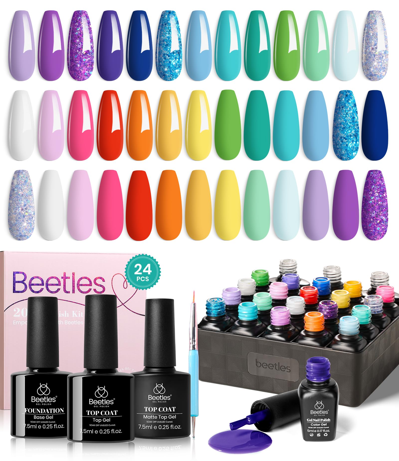 23 Pieces Nail Kit, Unicorn Collection Soak Off Nail Pastel Pink Yellow Blue Nail Purple Green Glitter Starter Kit with Glossy & Matte Top and Base Coat