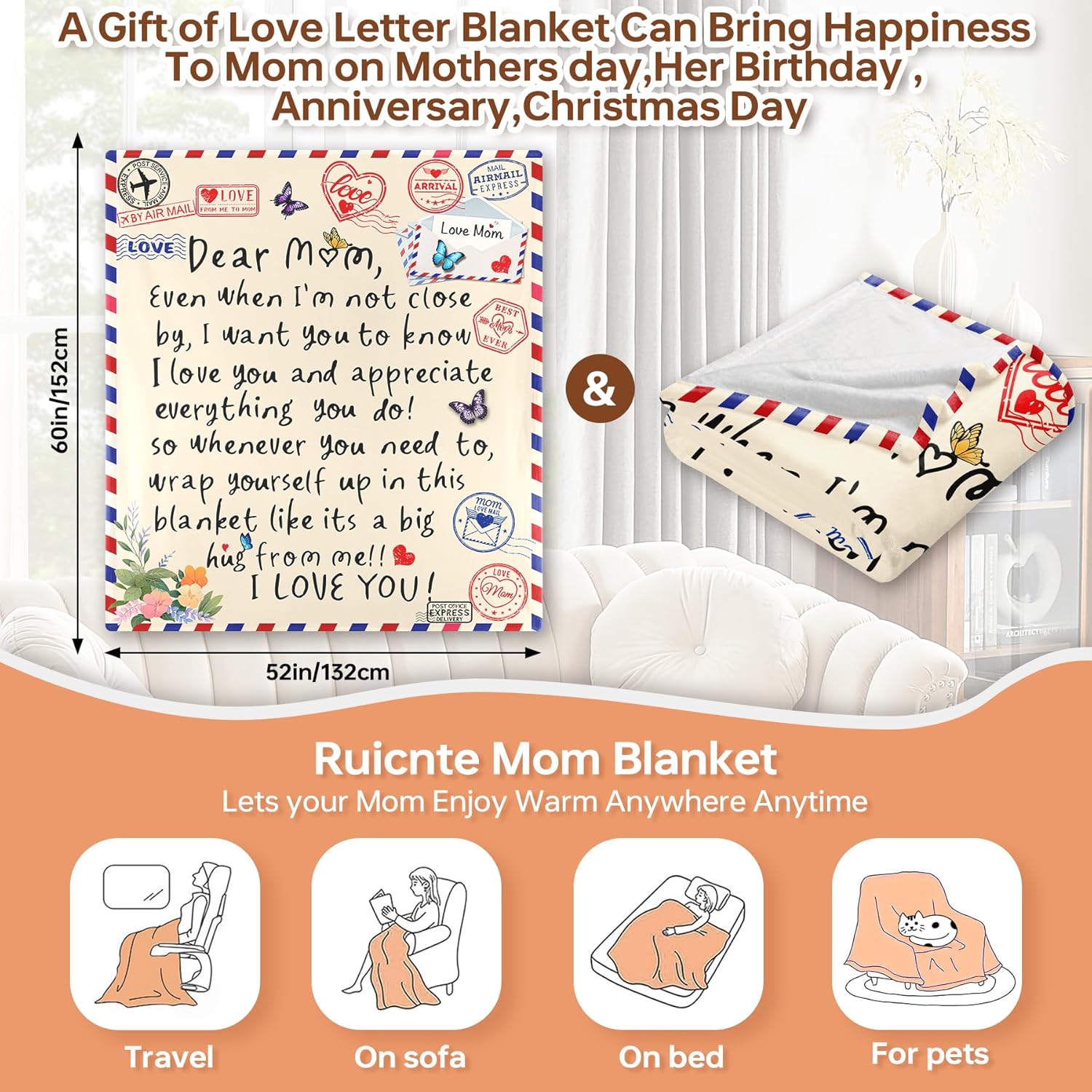 Throw Blankets Gifts for Mom from Daughter Son 52"x60",I Love You Mom Blanket Birthday Gifts for My Best Mother,A Letter Love Dear Mother to My Mom's Blanket Mothers Day Christmas Valentines Presents