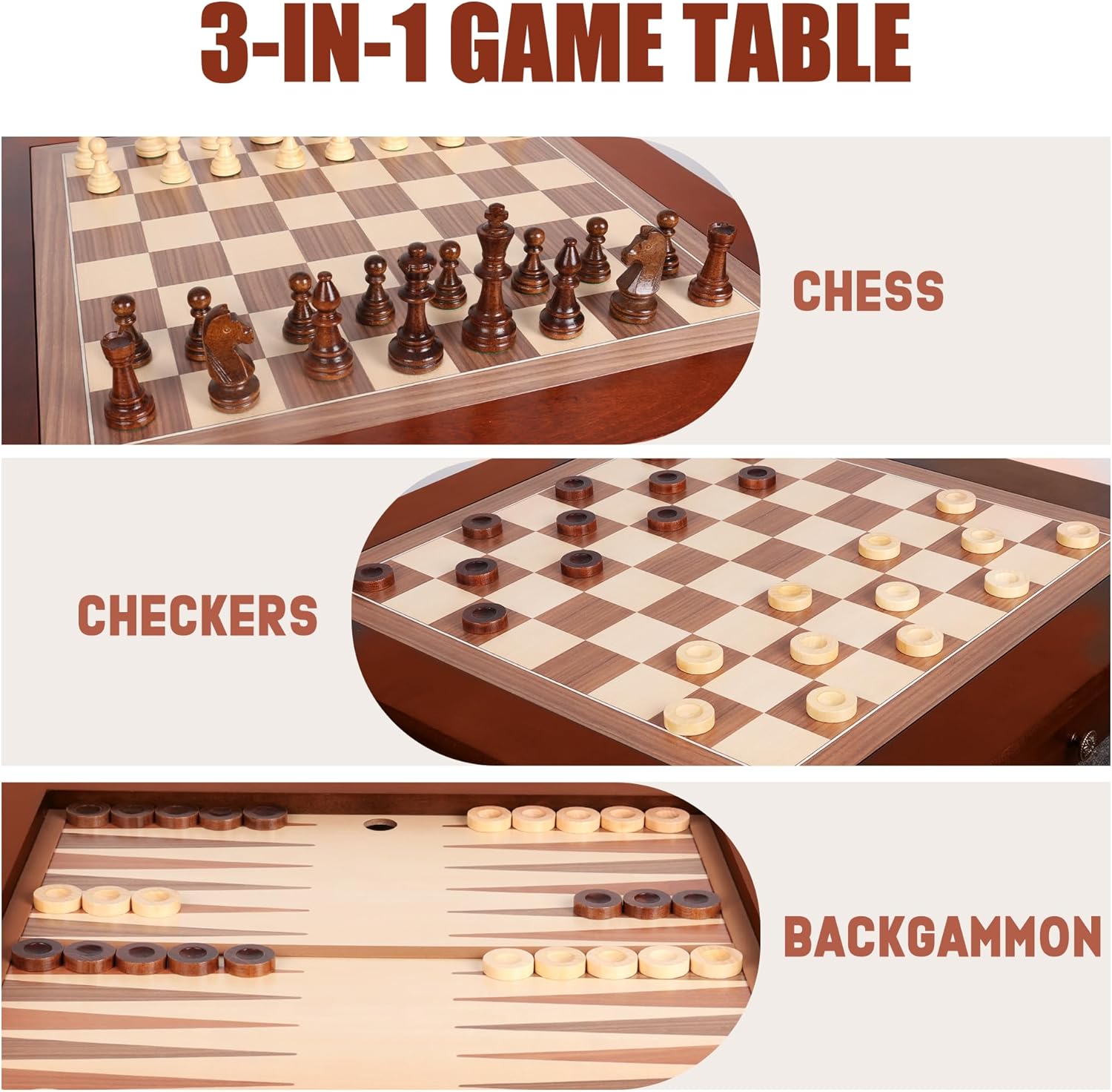 GSE Games & Sports Expert Deluxe Solid Wood 3-in-1 Chess Checkers Backgammon Game Table Set with Game Pieces. Game Room Furniture Table with Coffee Tabletop (Cherry)