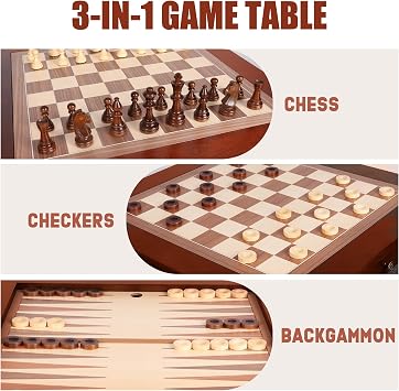 GSE Games & Sports Expert Deluxe Solid Wood 3-in-1 Chess Checkers Backgammon Game Table Set with Game Pieces. Game Room Furniture Table with Coffee Tabletop (Cherry)