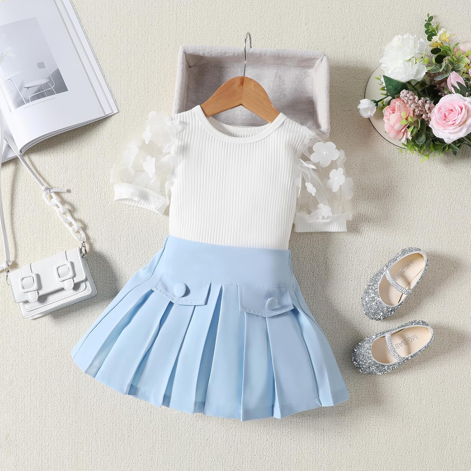 Toddler Baby Girl Skirts Outfit Spring Summer Kids Clothes Sleeveless Knit Vest Top + Pleated A-Line Skirt Set - Image 2