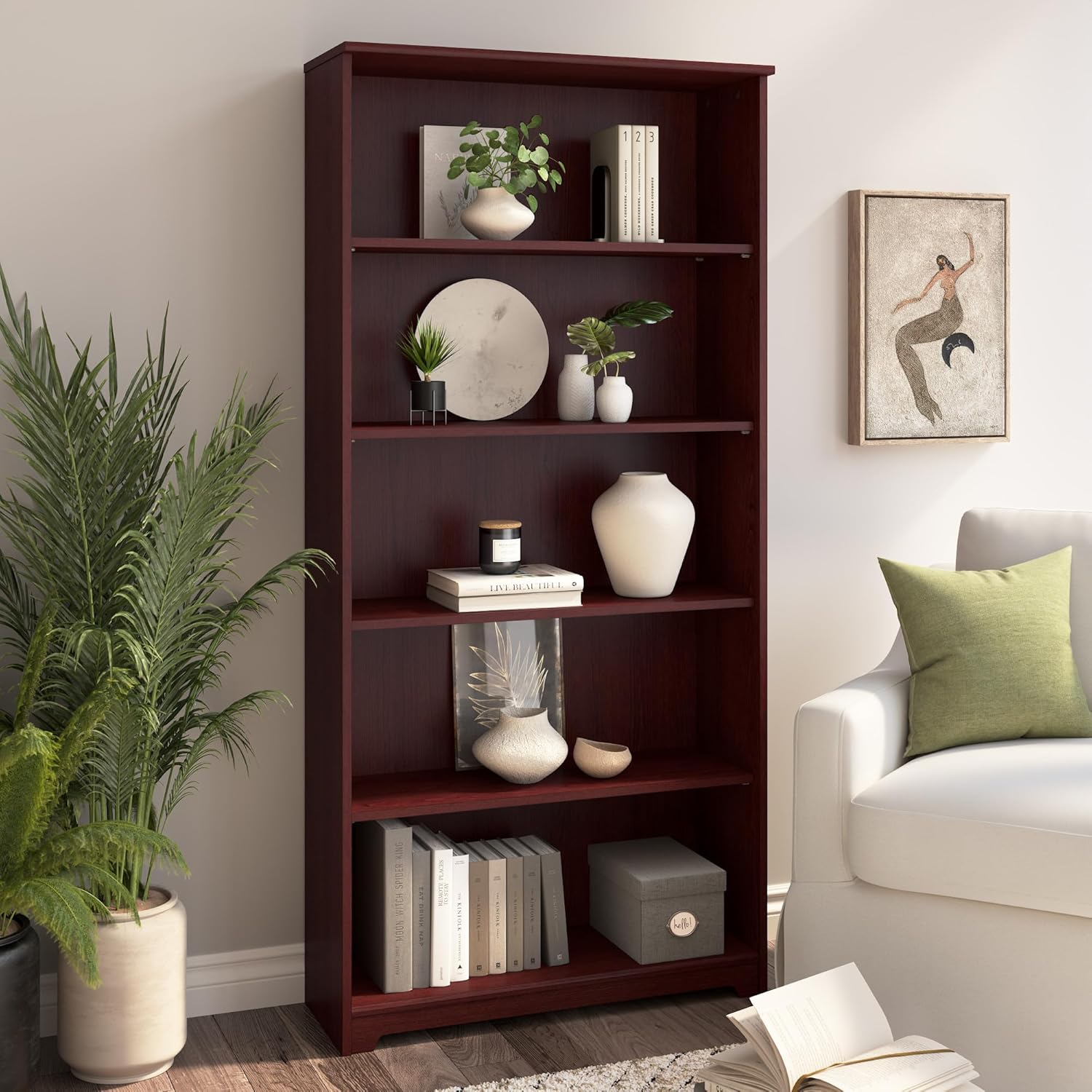 Bush Home Tall 5 Shelf Bookcase, Large Open Bookshelf, Sturdy Display Cabinet for Living Room or Home Office, Cabot Collection, Harvest Cherry