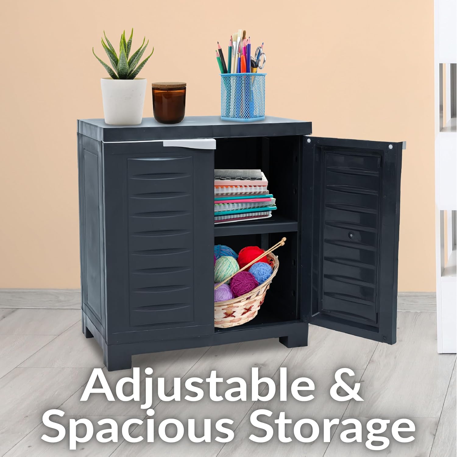 Sunnydaze 25.5" H Resin Garage Storage Cabinet - Garage Cabinet with Adjustable Shelf - Freestanding Utility Storage for Laundry Room, Office, Basement - Charcoal
