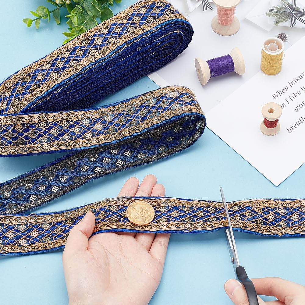 AHANDMAKER 10 Yards 1.6inch Fabric Embroidered Trim, Vintage Jacquard Ribbon Metallic Gold Rhombus Pattern Sewing Woven Trim Embroidered Ribbon decor for Crafts Making, Blue