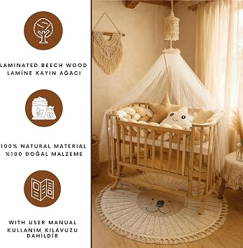 Baby On For Mabela Knitted Wooden Baby Cradle, Natural Beech Cradle with Canopy, 100% Cotton Bedding Set with Swing and Locking Function, 60 x 120 cm Bedding, Pillow, Bumper, Mosquito Net,