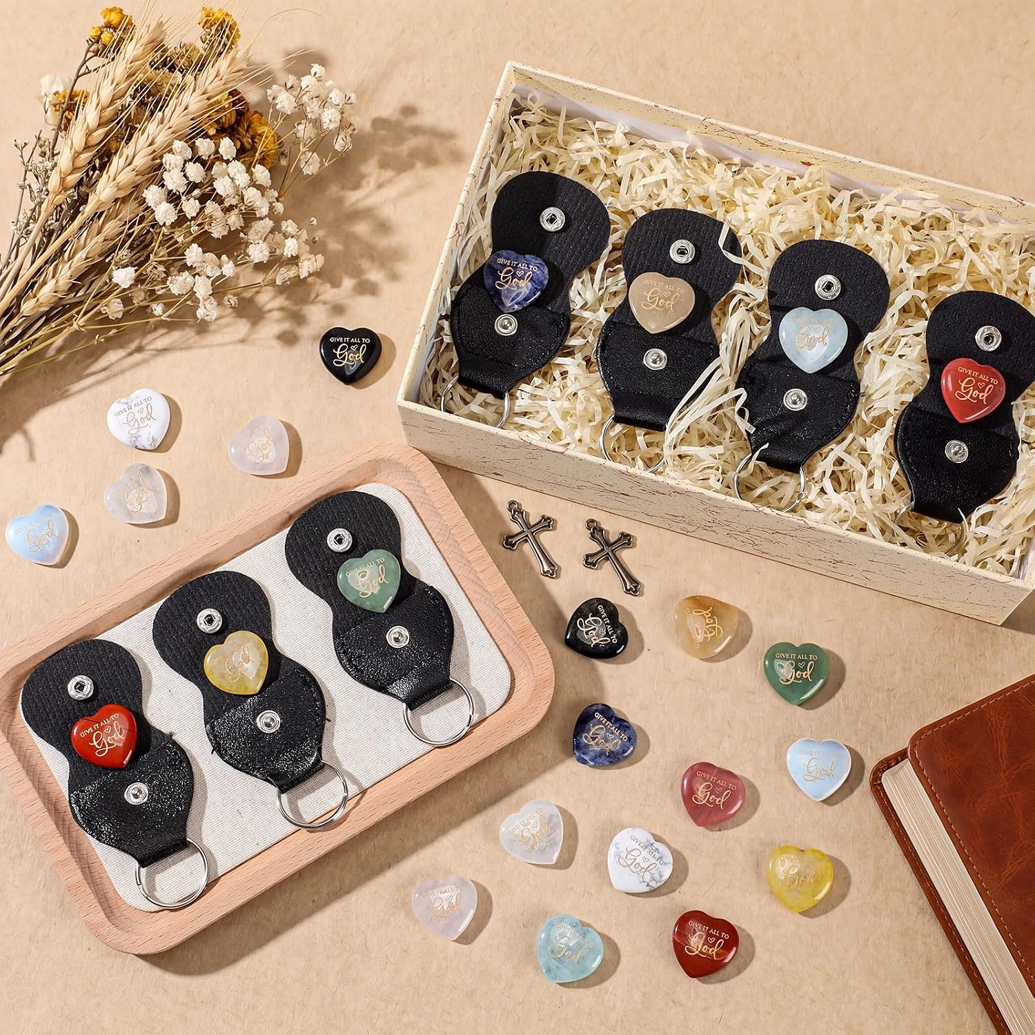 Sureio 24 Sets Pocket Hug Token Worry Stones Bulk Give It All to God Heart Healing Stone 12 Colors Mix-color Natural Stones with PU Keychain Church Gifts Christian Gifts for Women Church Member Friend