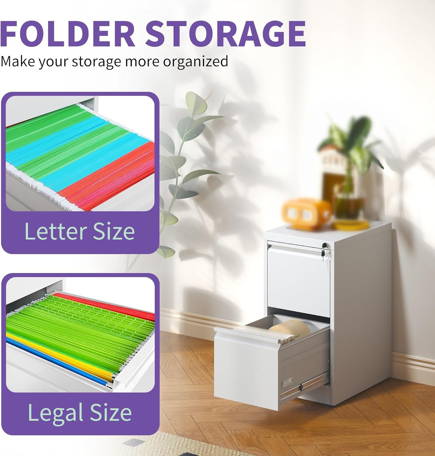 2-Drawer Lockable Metal Upright Filing Cabinet, Heavy-Duty Filing Cabinet, Suitable for Letter-Size, Legal-Size, and A4/F4 documents (White)