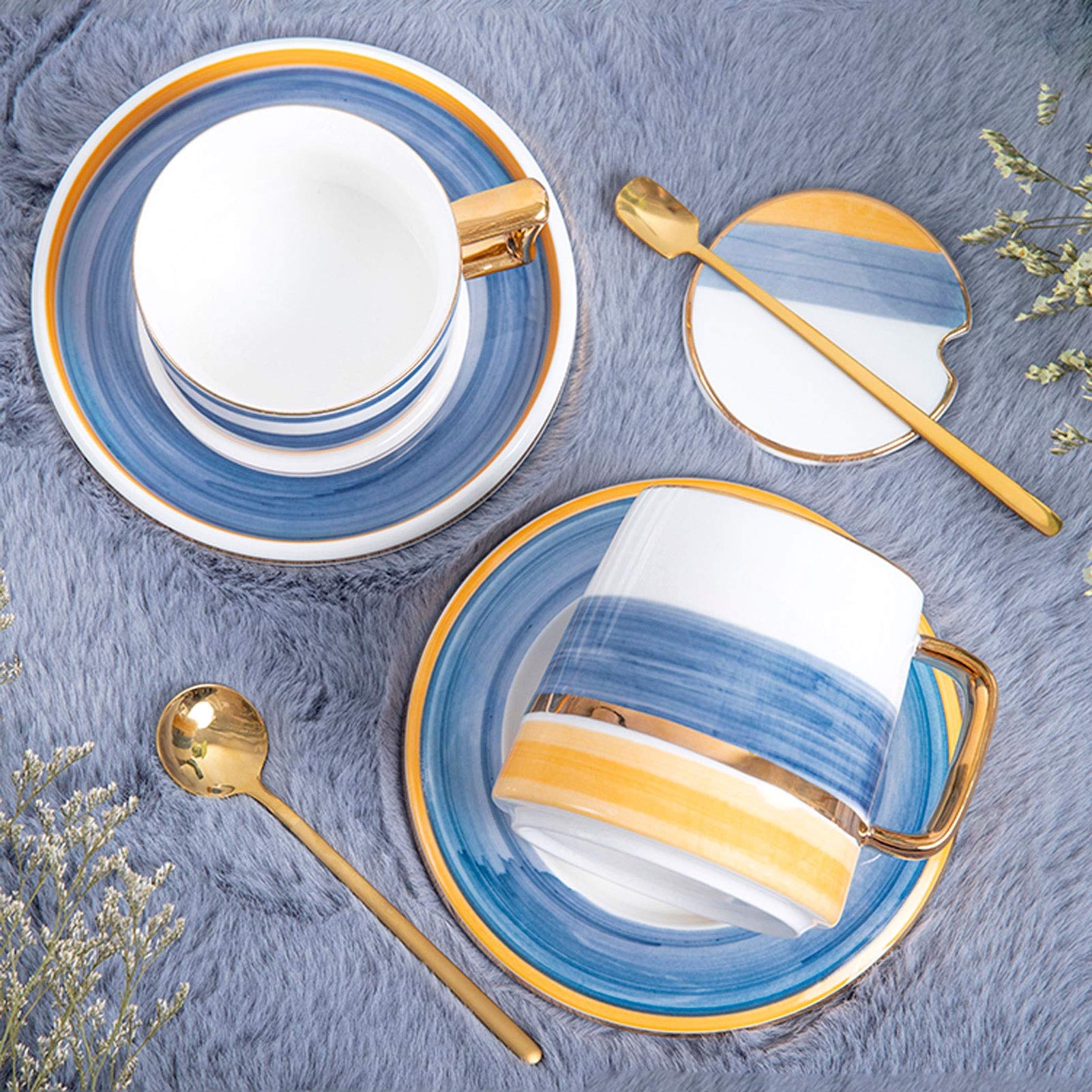 Kaffeetassen Kleiner Luxus-Tasse der europäischen Stil-Tasse Unterglasur-Kaffeetasse Handgemalte zweifarbige Kollegen-Keramik-Tasse mit Deckel und Löffel, die erste Wahl für Familien Kaffeetasse
