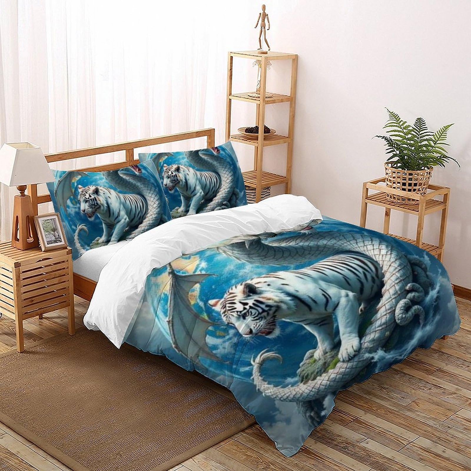 Housse de couette 200x200 animaux 3D tigre dragon et taies d'oreiller lit 2 places