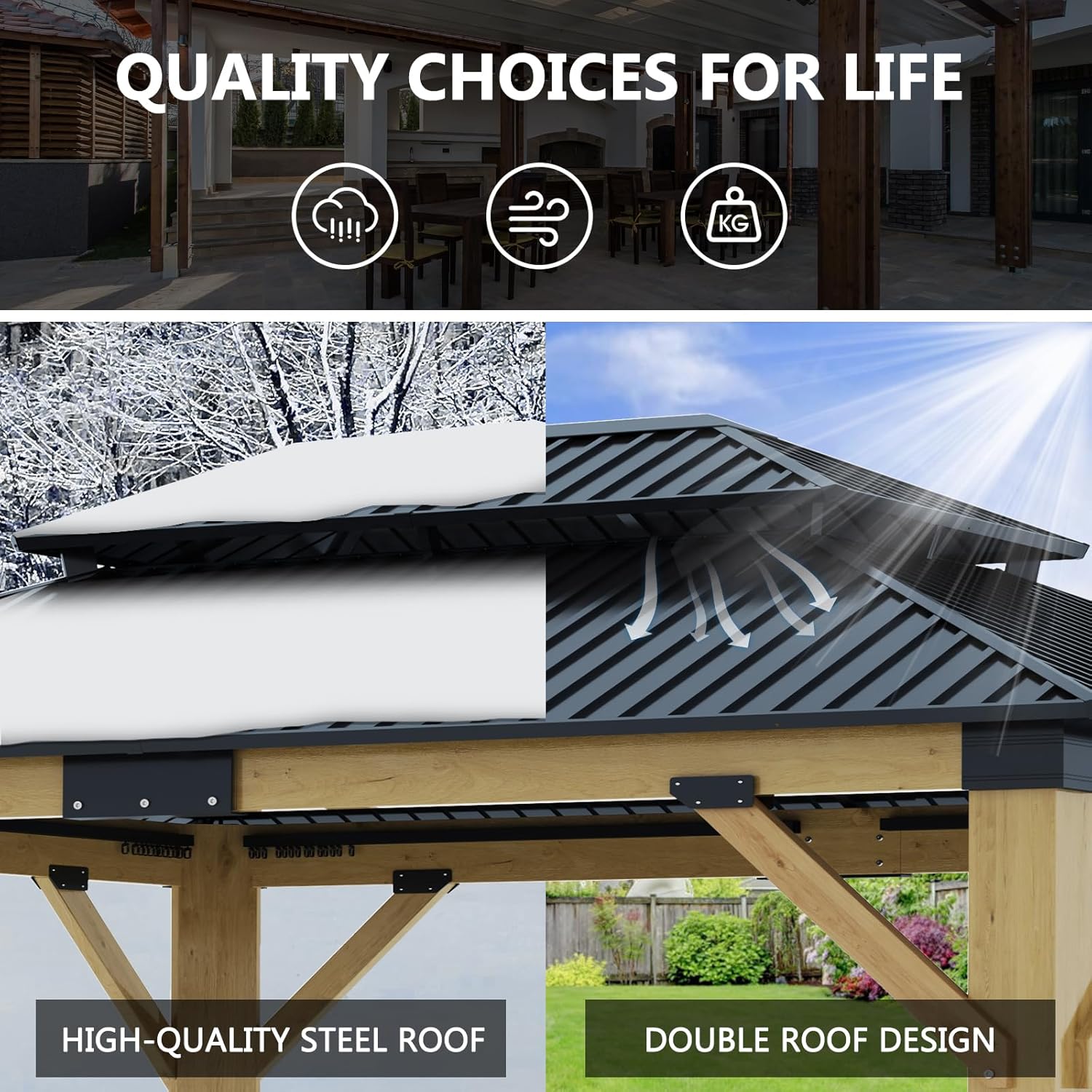 13x15FT Wood Gazebo,Outdoor Wooden Gazebo with Glavanized Steel Double Roof, Hardtop Gazebos for Garden, Patio, Deck, Backyard
