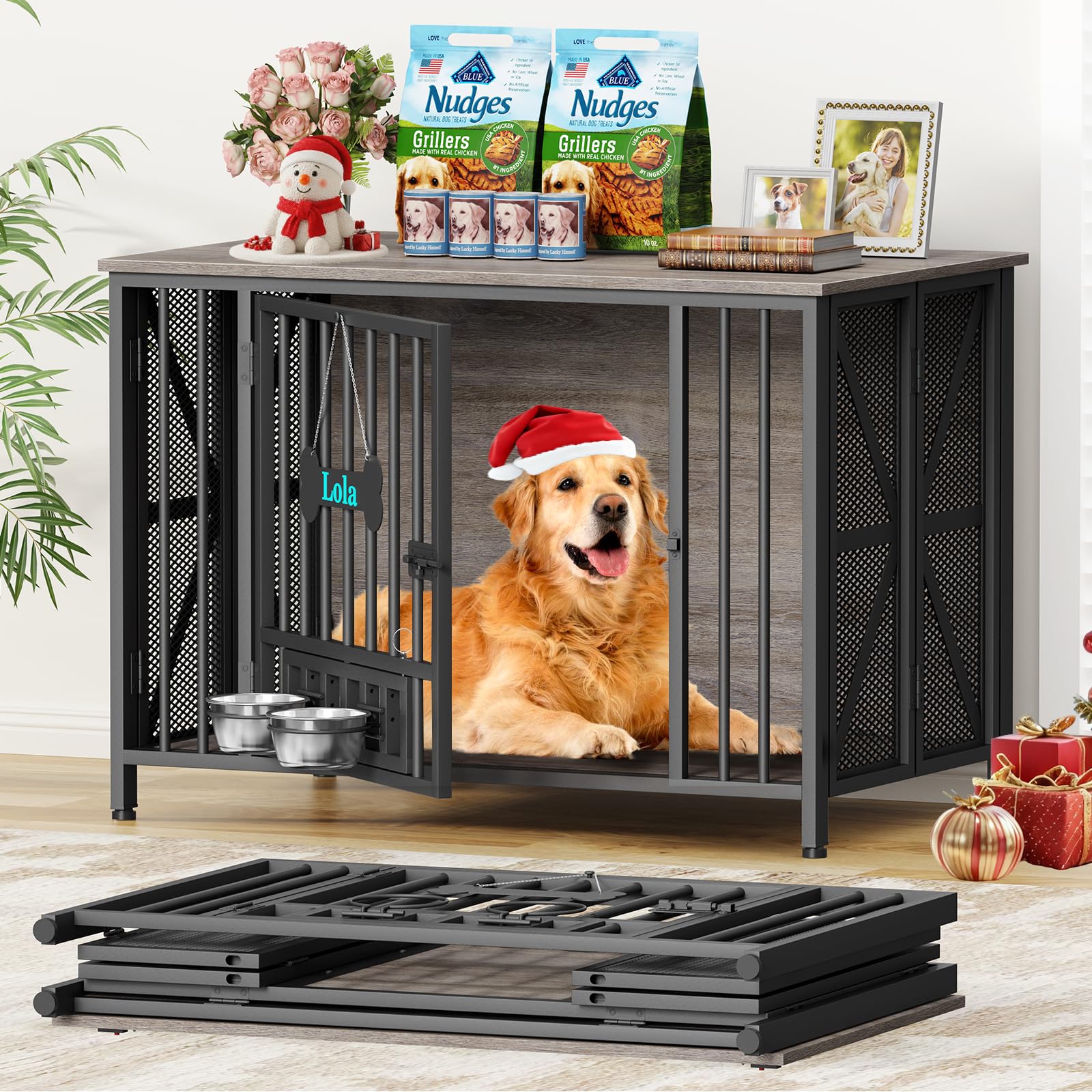 Easycom 41.3''Assembly-Free Dog Crate, Dog Kennel with Tag &amp; Bowls (DC107)