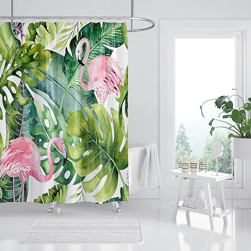 Hipposama Cortina de ducha con diseño de plantas tropicales, juego de cortinas de ducha botánicas de hojas verdes, cortinas de ducha Monstera Jungle