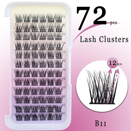 Miniatura 2 de Ahrikiss Extensiones de pestañas postizas en racimo, 72 unidades, individuales, rizo D, 0.630 pulgadas, extensiones de pestañas suaves para