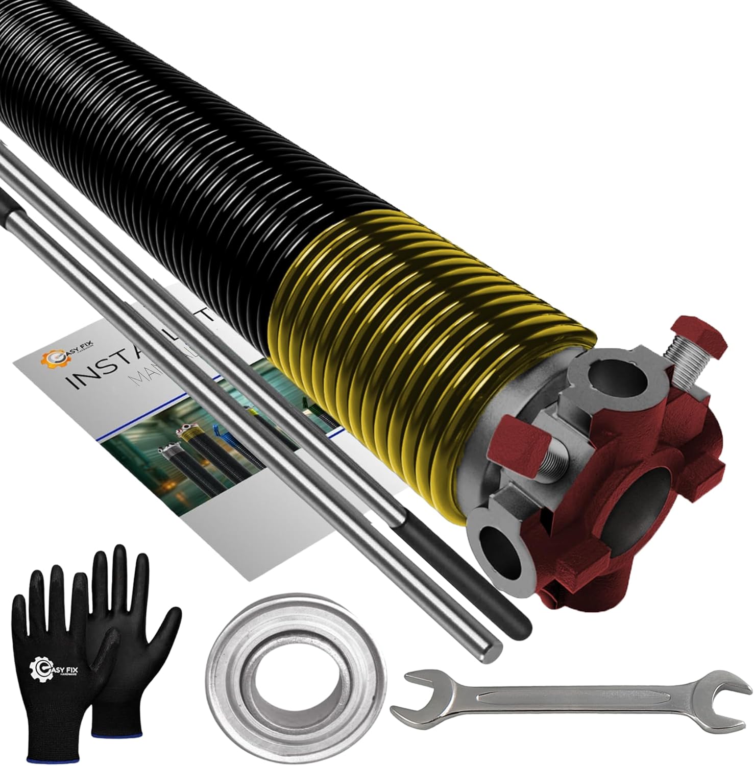 1.75" Garage Door Torsion Spring Set Heavy Duty 5-Year Warranty with 1" Steel Bearing, Non-Slip Winding Bars, Gloves & Wrench Precision E-Coating for Replacement Min 30,000 Cycles 250x1.75x33 (Red)