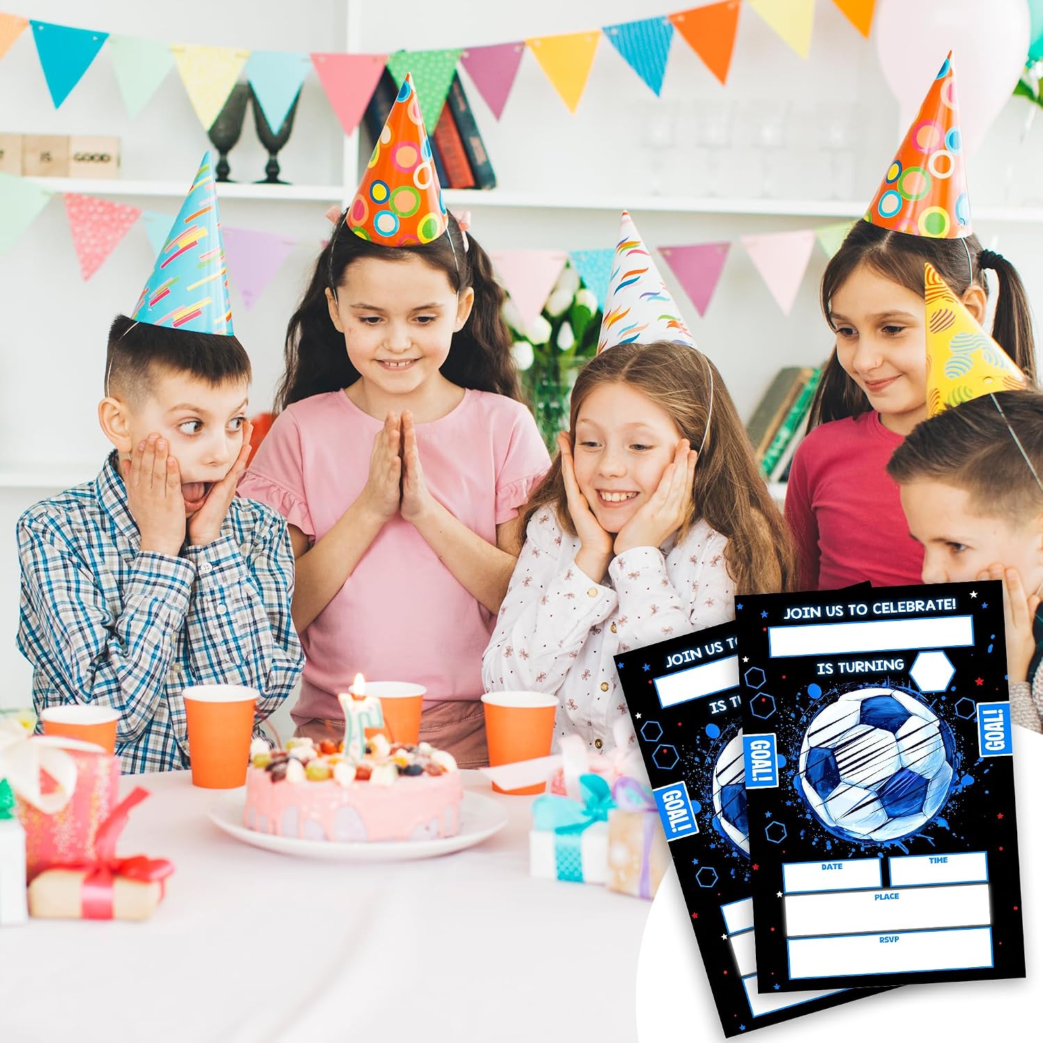 Blue Soccer Birthday Party Invitations, Goal Soccer Party Invites, Pack of 20 with Envelopes, 4x6 in.(034)