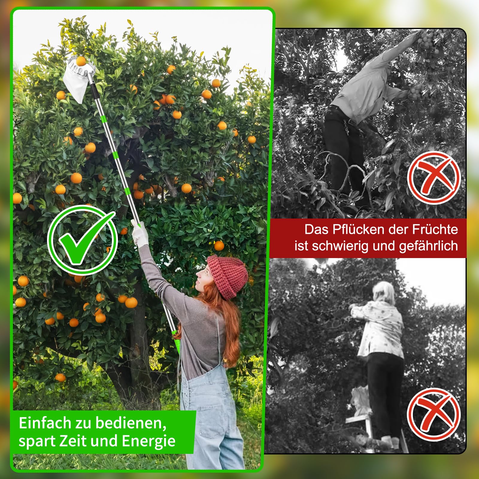 Dreamtop Cueille Fruit Telescopique 4 Metre, Ramasse Pomme Réglable Inoxydable Cueille Pommes, Outil Cueillette Jardin Arbre Poires Pêches