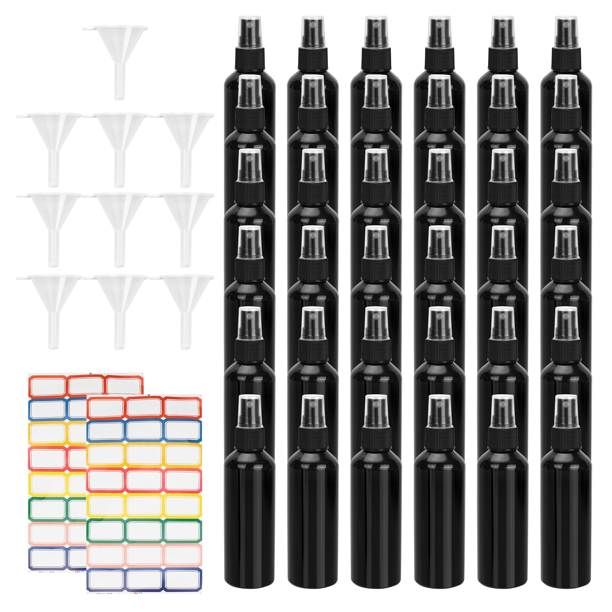 30 botellas pequeñas vacías de 100 ml, botellas de spray de niebla fina negra, botellas de spray de viaje para cabello, perfume, agua, cosméticos, con embudos y etiquetas