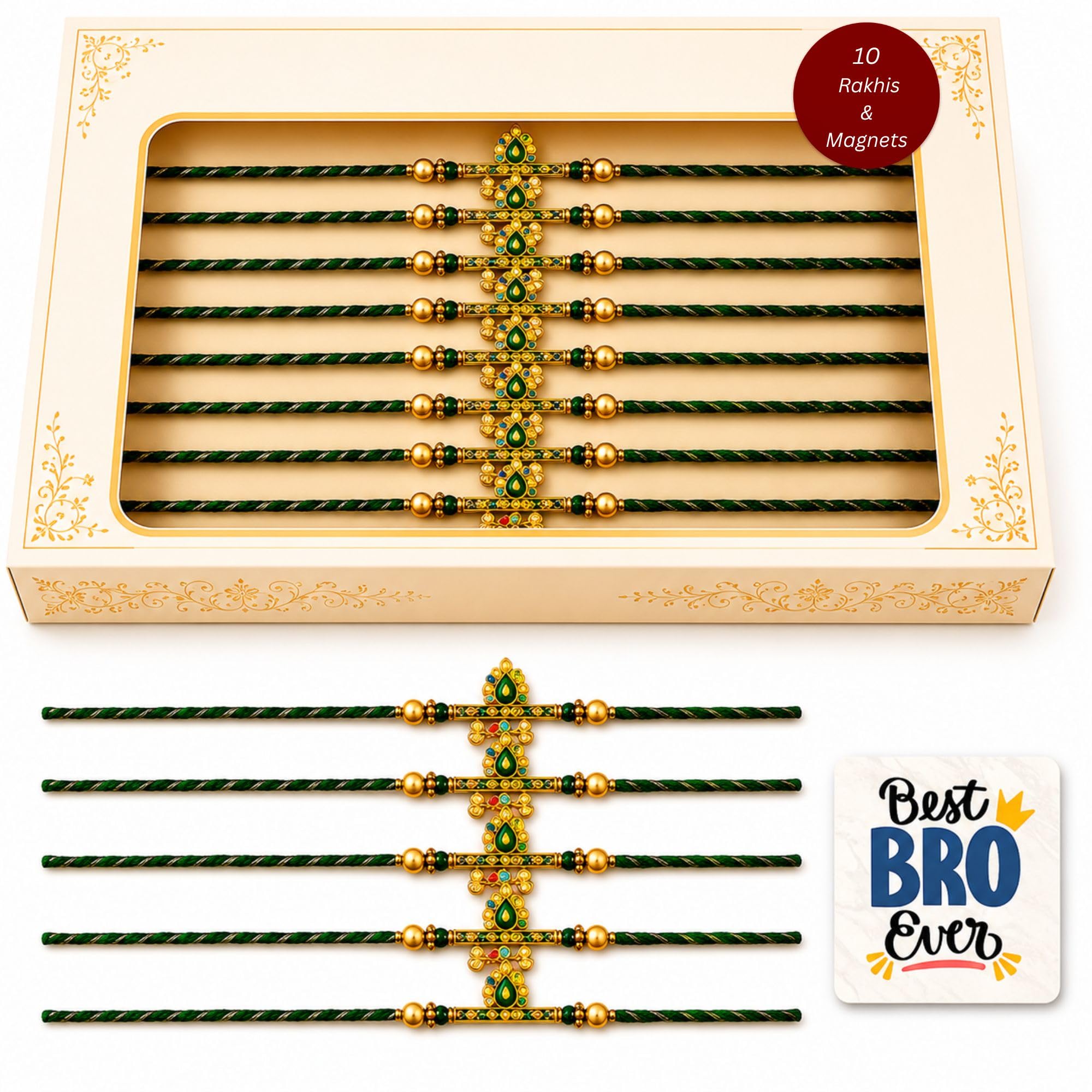 eCraftIndia Pack of 10 Green Golden Om & Peacock Feather Religious Designer Rakhi for Brother Bhaiya Bhai | 10 Best Bro Ever Fridge Magnets | Roli Chawal Pack | Raksha Bandhan Gift Set