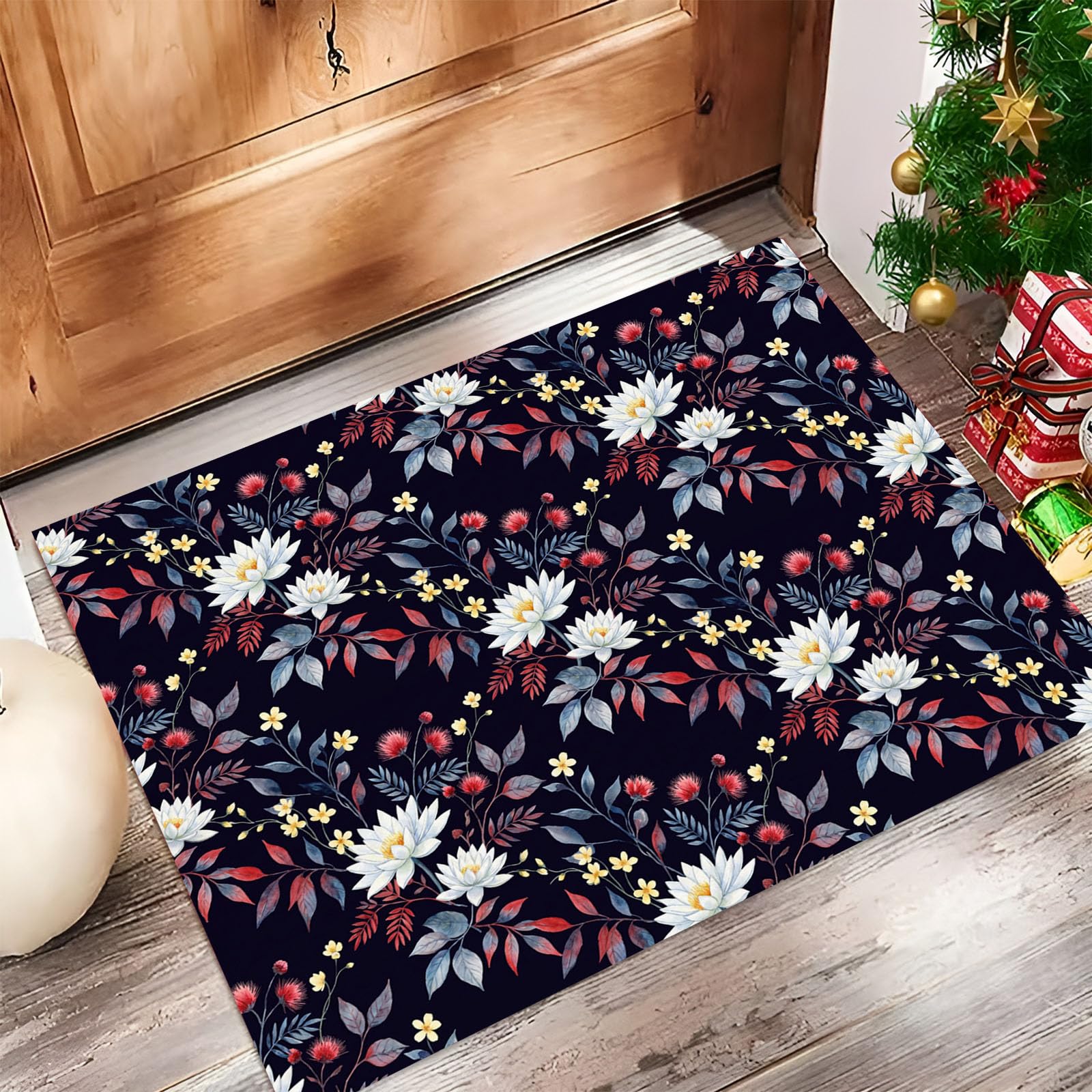 Bleu Foncé Fleurs Aquarellespaillasson Durable Et Antidérapant Retient L’Eau Et Les Saletés Facile À Nettoyerpaillasson Interieur80X120 Cm Tapis D'Entrée Antidérapant