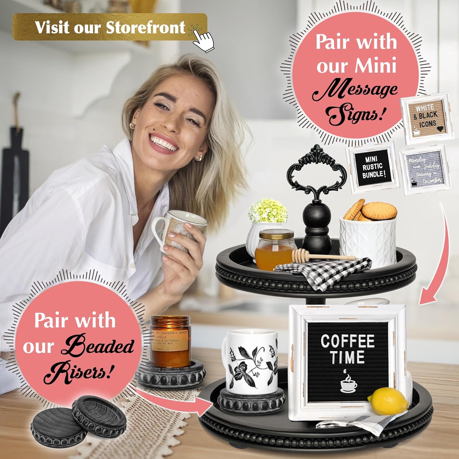 2 Tiered Tray Wooden Serving Stand by Felt Creative Home Goods. Small Beaded Tray for Home Decor Display Farmhouse Country Decoration Kitchen or Dining. Includes 3 Finial Custom Handles (Black)