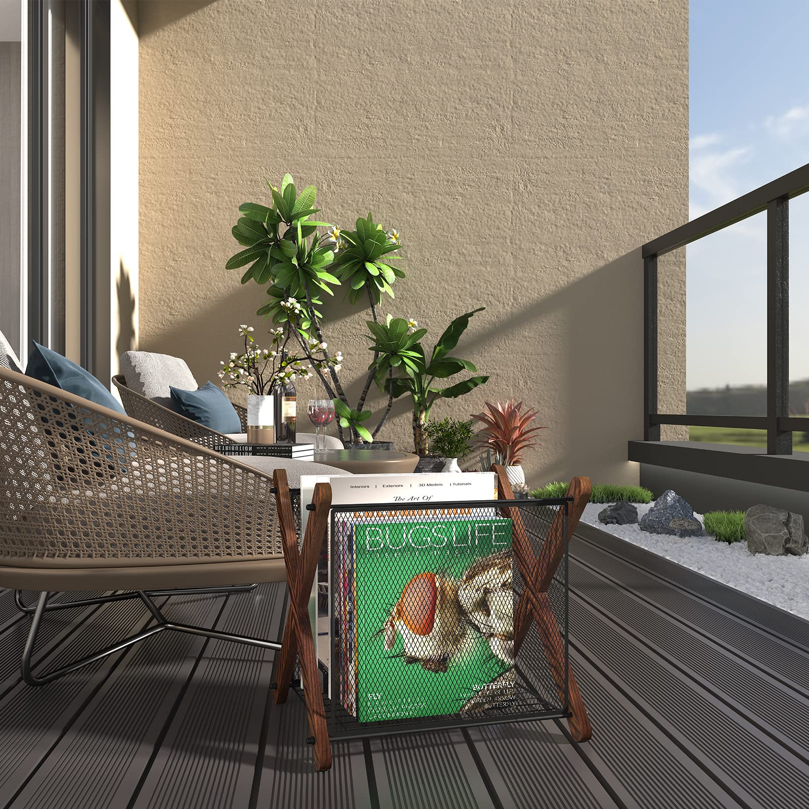 Magazine Rack Storage High-capacity with Sturdy Metal Wire Standing Basket and Smooth Retro X-shaped Wooden Sticks, Suitable to Hold Magazines, Records, Newspapers, Books in Bed Room, Living Room, Dining Room and Office, 15.4"L ?ù 11.2"W ?ù15.1"H