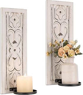 Rustic Candle Sconces Wall Decor Set of 2 - Walasis Wood Wall Candle Holders for Farmhouse White Boho Candle Sconce Art Distressed Thickened Pillar Candles Holder for Bathroom